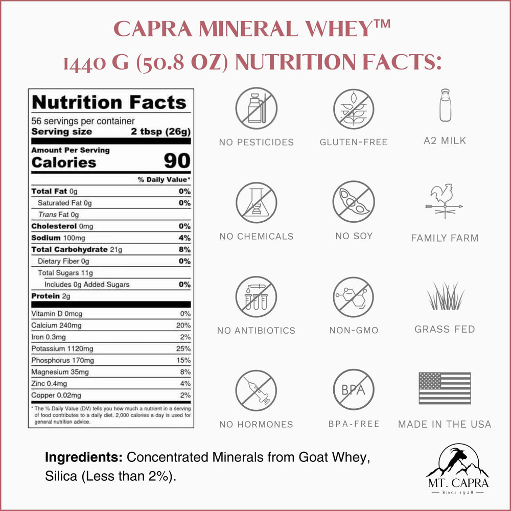 Mt Capra Mineral Whey powder-dispense demonstrates easy daily portioning.