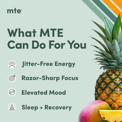 MTE Energy Drink Powder packet-dispense scene showing caffeine-free energy and steady mood