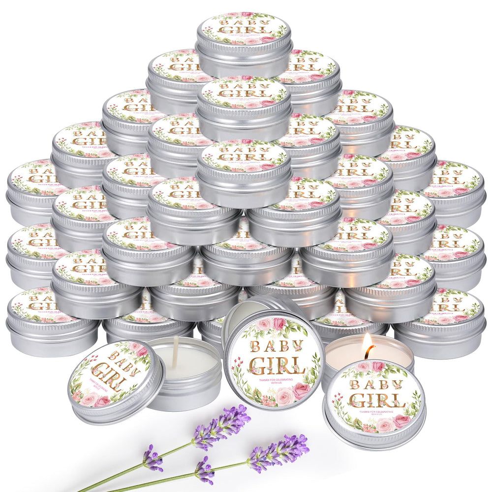 MTLEE baby girl shower candle in a 50-pack tin ideal for elegant event favors.