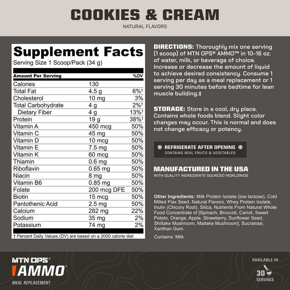 MTN OPS Ammo Meal shake in glass highlights convenient 19g protein