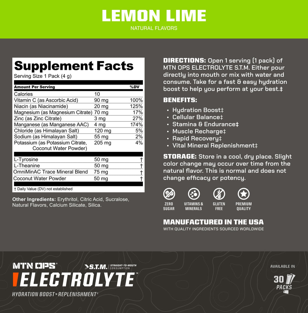 MTN OPS electrolyte packaging emphasizing sugar-free and gluten-free features