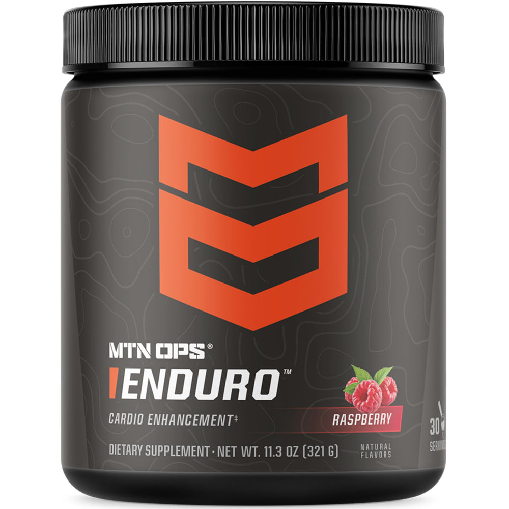 MTN OPS Enduro nitric oxide pre workout bottle boosts blood flow for steady endurance.