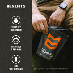 MTN OPS Hydrate single-serving packs arranged for travel and gym routines.