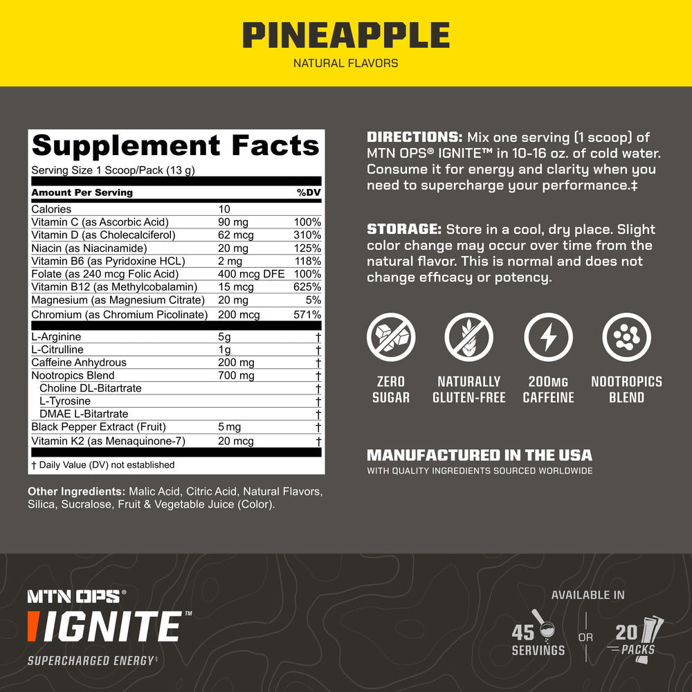 MTN OPS Ignite caffeine 200mg boosts alertness when mixed with water.