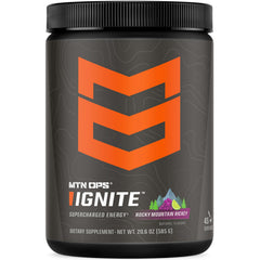 MTN OPS Ignite powder can with scoop for steady energy and focus during workouts