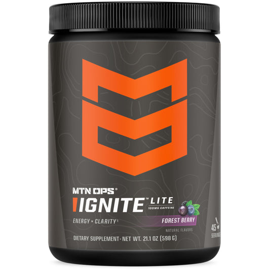 MTN OPS Ignite Lite energy powder tub for a gluten-free daily boost
