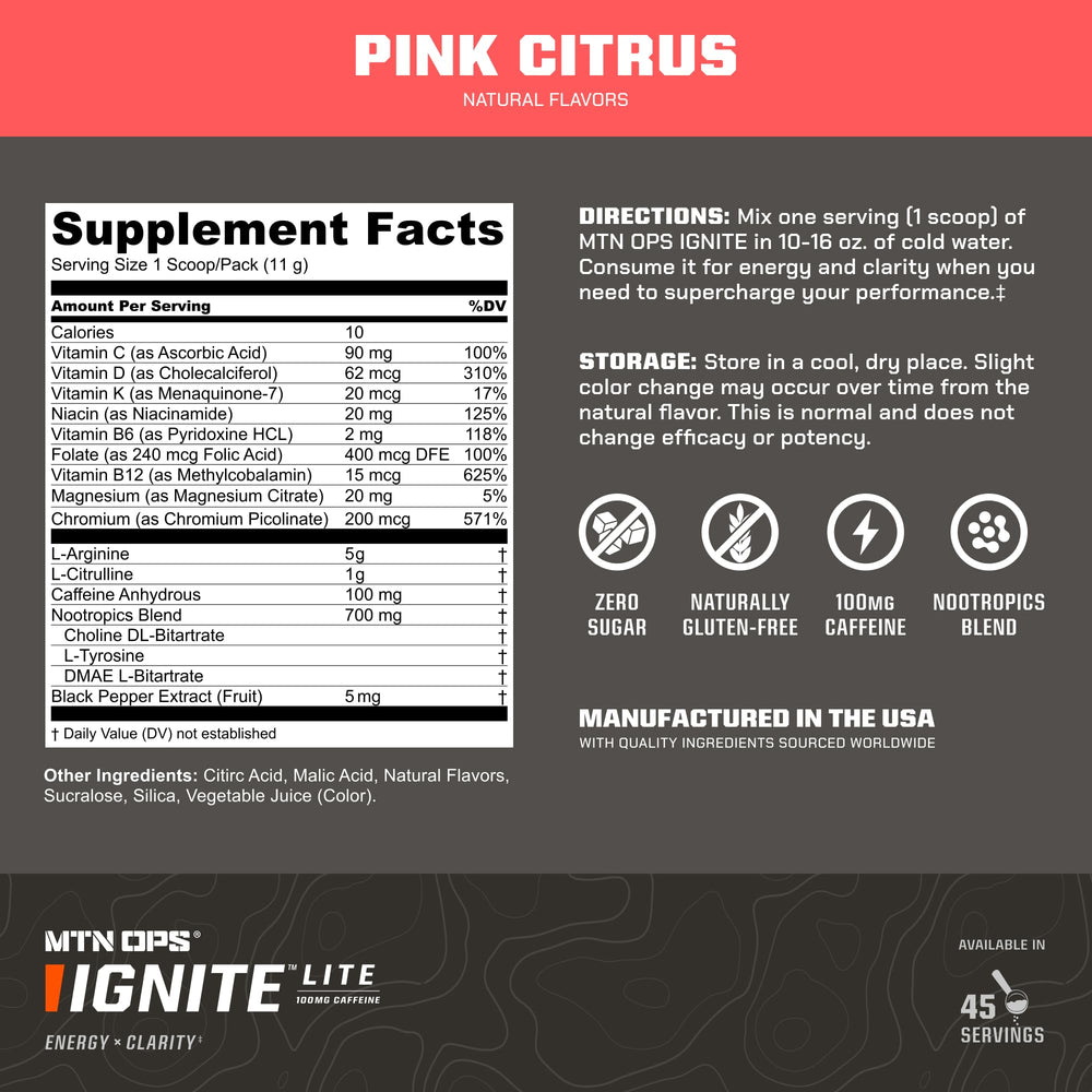 MTN OPS Ignite Lite pink citrus served in water for pre-workout focus