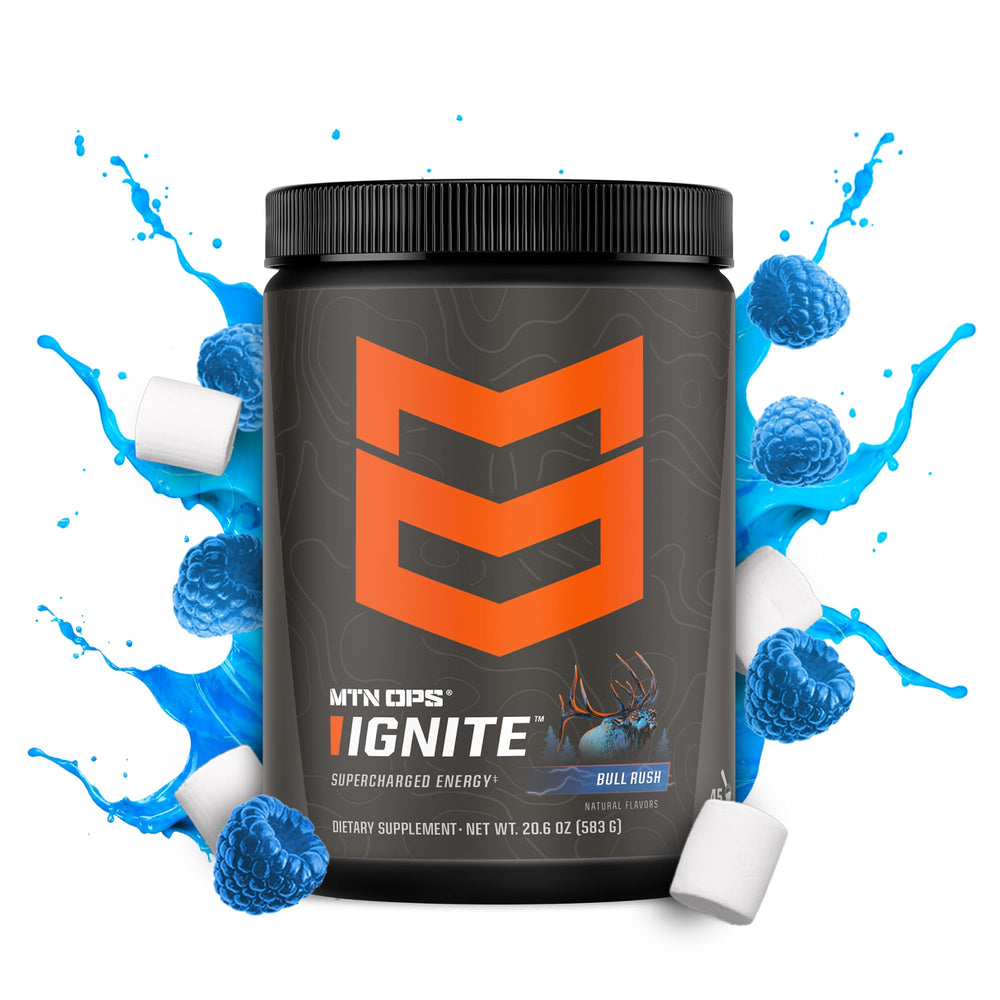 MTN OPS Ignite Bull Rush packaging highlights gluten-free formula.