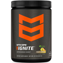 MTN OPS Ignite peach lemonade tub showing the product and flavor profile for a refreshing energy option