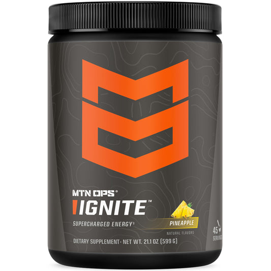 MTN OPS Ignite Pineapple Crush powder packet ready to mix for convenient energy on the go.