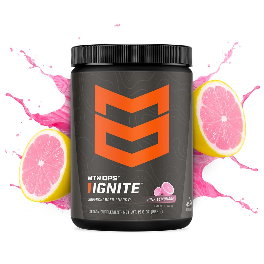 MTN OPS Ignite pink lemonade powder being poured for a clean energy boost.