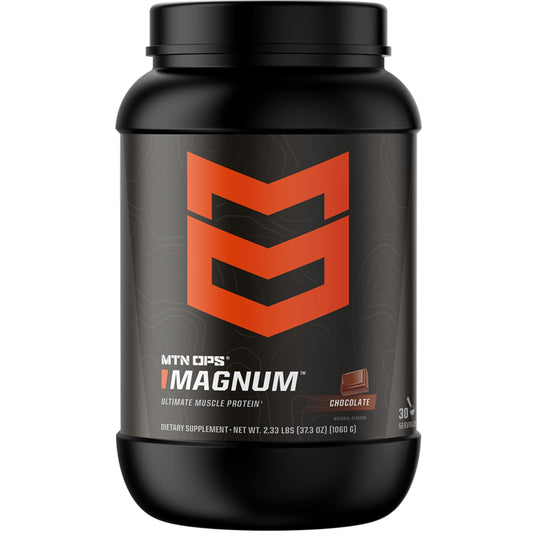 MTN OPS Magnum chocolate protein scoop showing 23g protein per serving