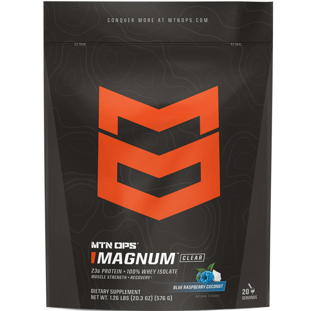 MTN OPS Magnum Clear Whey bottle pouring into glass for post-workout refreshment
