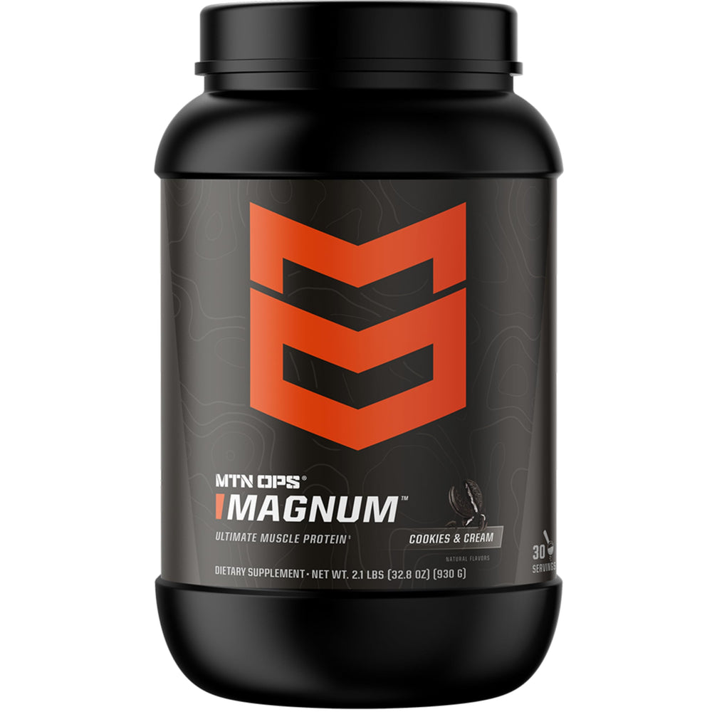 MTN OPS Magnum cookies and cream protein bottle supports lean recovery after training