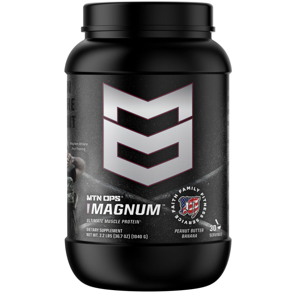 MTN OPS Magnum bottle in Peanut Butter Banana flavor for post-workout recovery