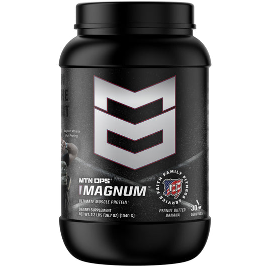 MTN OPS Magnum bottle in Peanut Butter Banana flavor for post-workout recovery