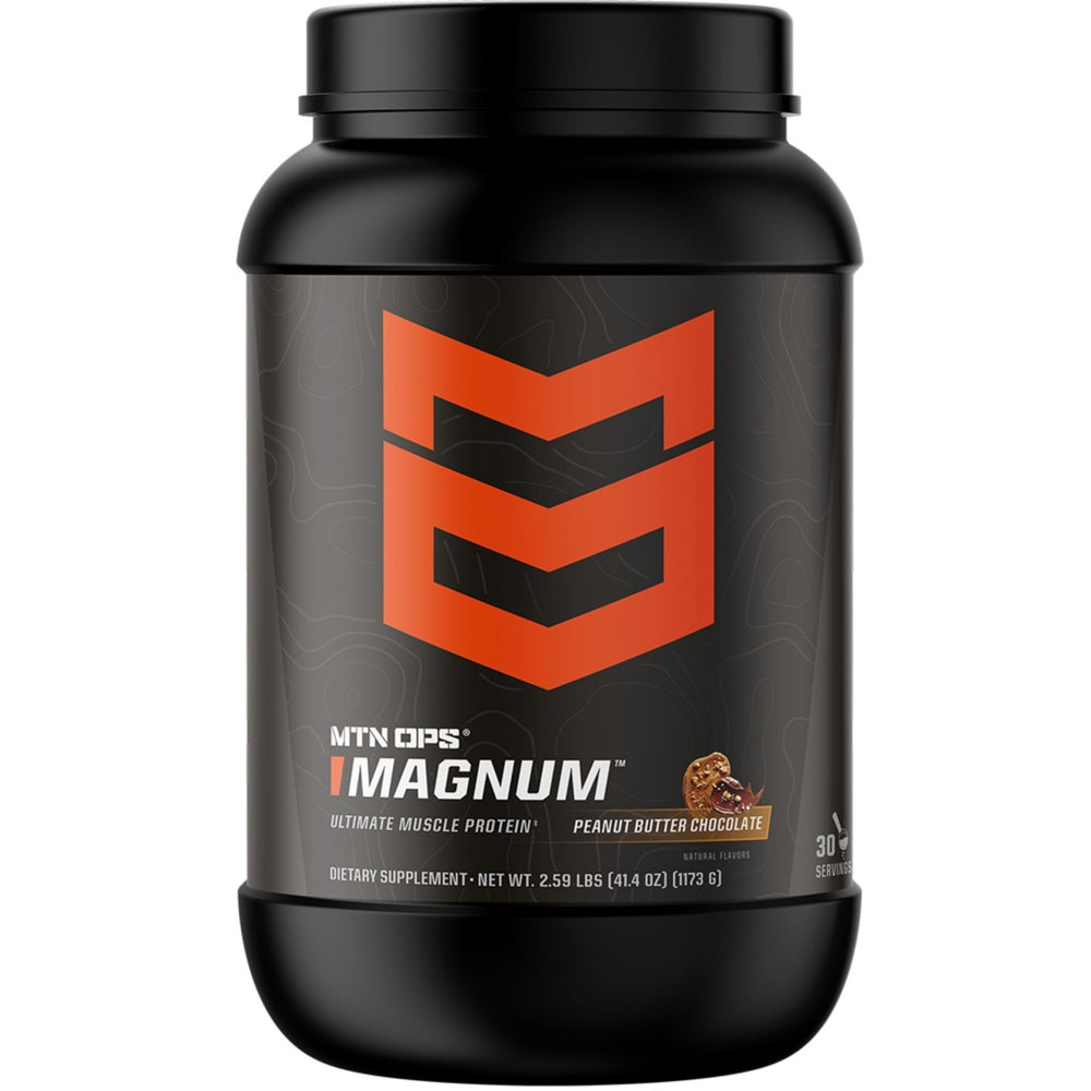 MTN OPS Magnum bottle of peanut butter chocolate protein powder after workout