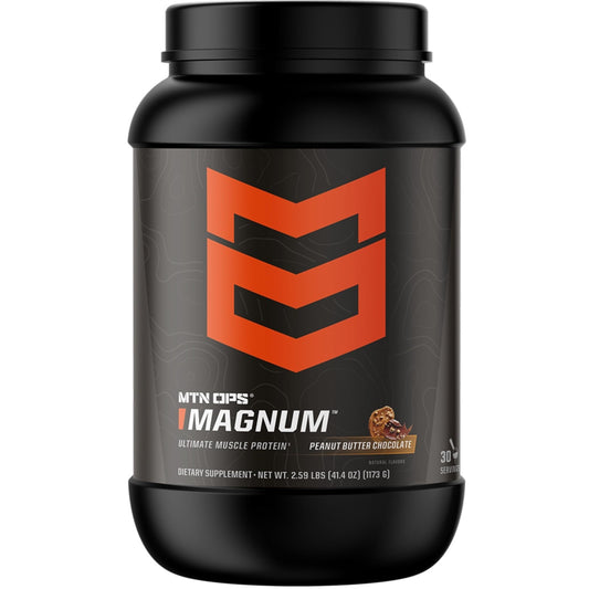 MTN OPS Magnum bottle of peanut butter chocolate protein powder after workout