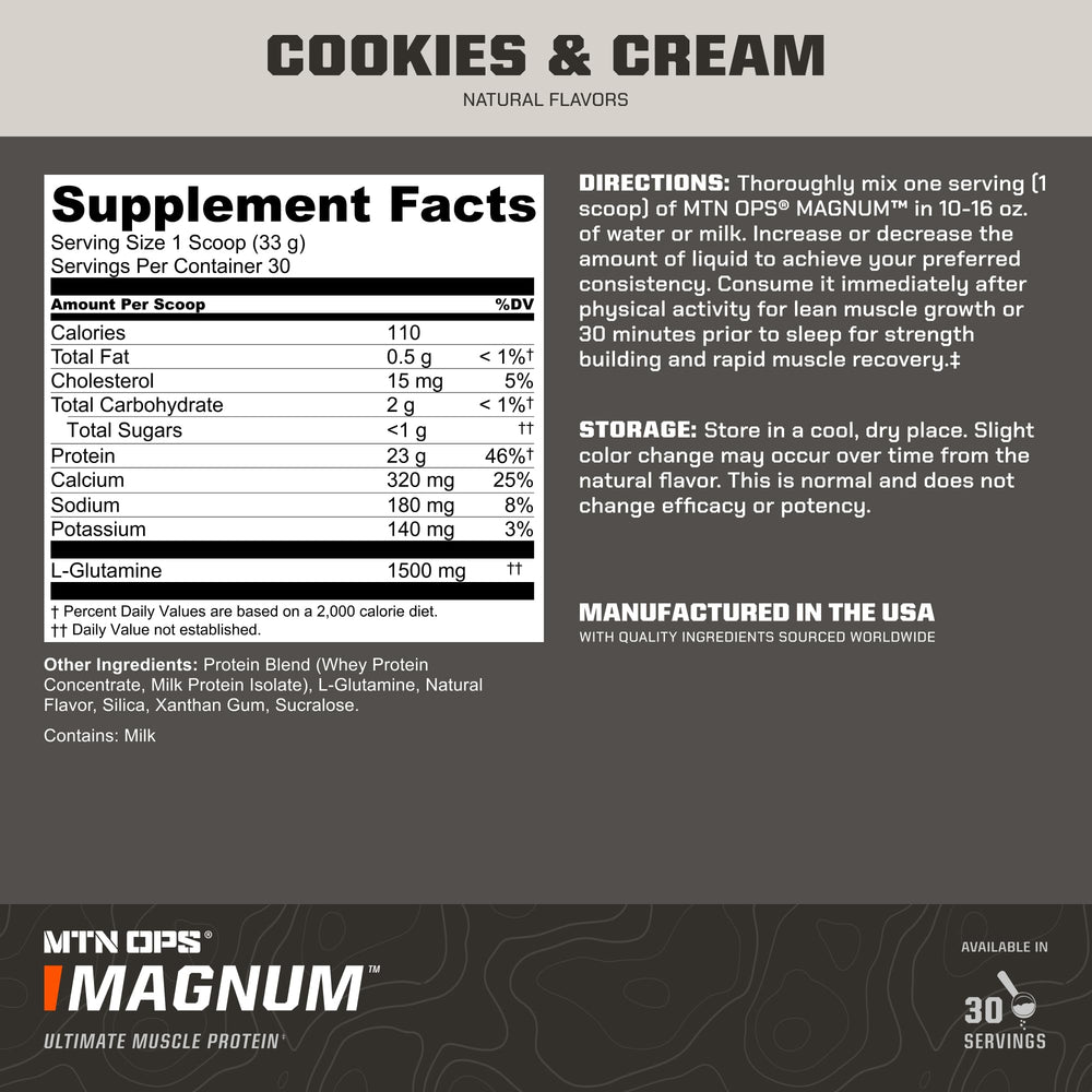 MTN OPS Magnum protein shake glass highlights convenient post-workout nutrition