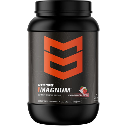 MTN OPS Magnum Strawberry & Cream tub ready for post-workout fueling.