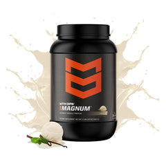 MTN OPS Magnum Vanilla scoop beside bottle highlights fast and slow-release proteins.