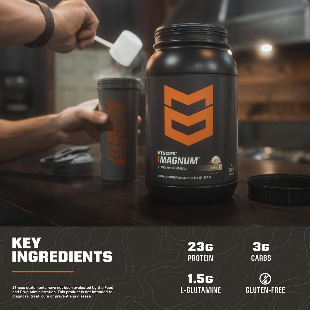 MTN OPS Magnum Vanilla shake in glass demonstrates convenient post-workout nutrition.