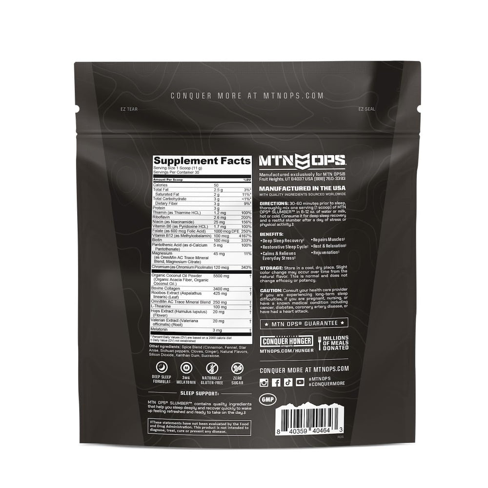 MTN OPS Slumber label packaging highlights the brand and flavor Sleepy Chai.