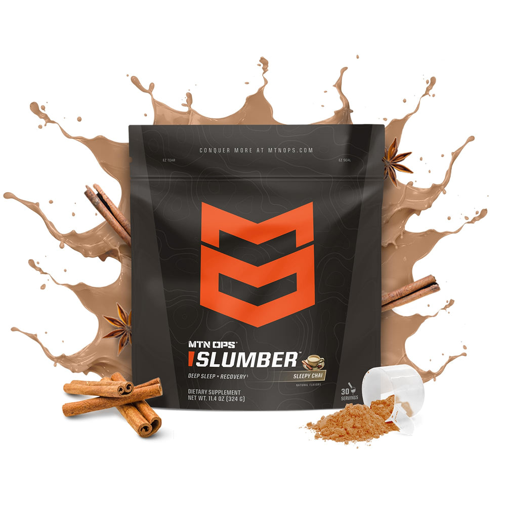 MTN OPS Slumber powder jar showcases the Sleepy Chai mix for restful nights.