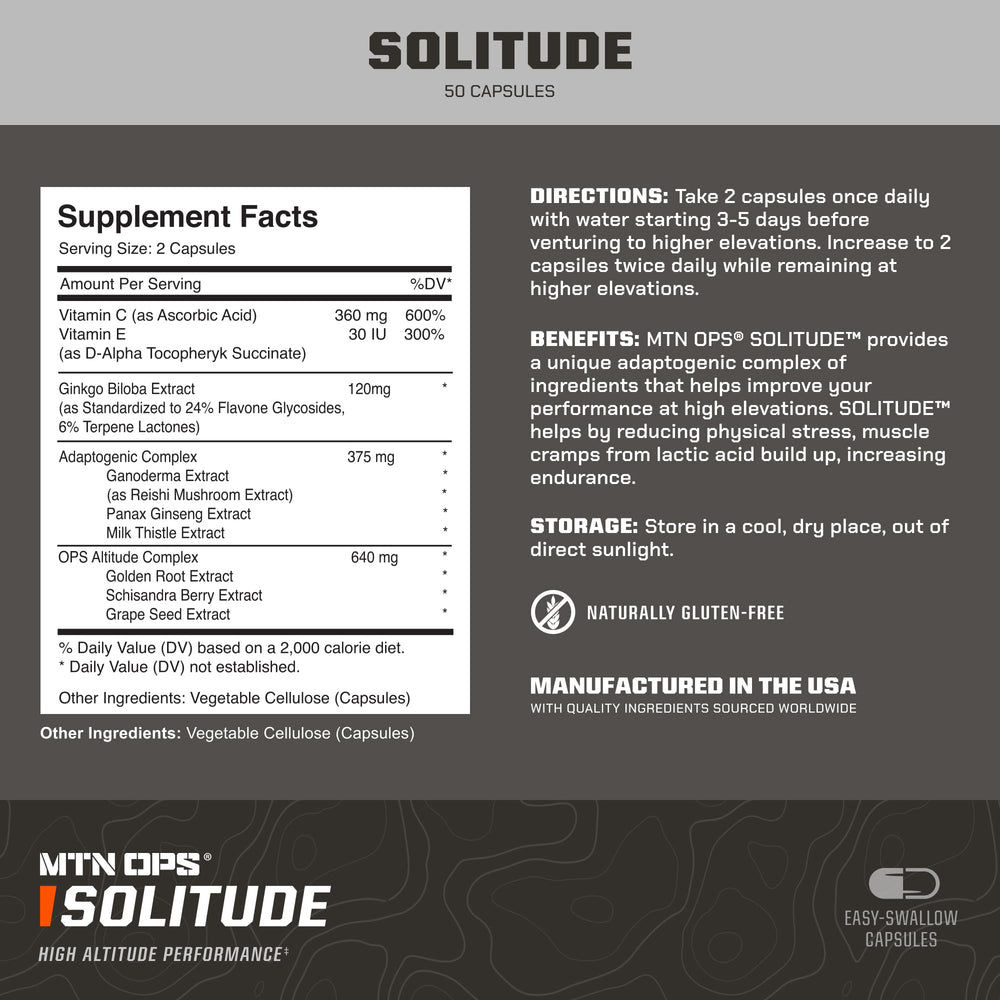MTN OPS Solitude capsules lineup, convenient daily adaptogenic complex for travel and training.
