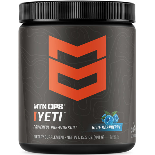 MTN OPS Yeti pre-workout blue raspberry bottle ready for high-energy training.