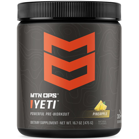 MTN OPS Yeti pre-workout pineapple crush tub for clean energy during training