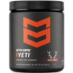 MTN OPS Yeti pre-workout tub front view with Bugle Berry for sustained energy.