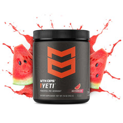 MTN OPS Yeti pre-workout watermelon tub back highlights ingredients for performance support.
