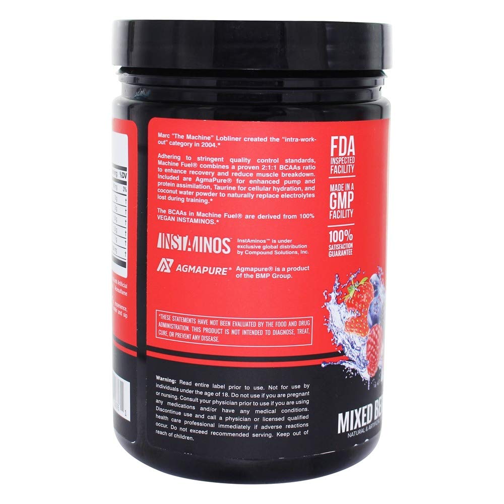 MTS Nutrition Machine Fuel mixed berry label highlights vegan ingredients and BCAA benefits.