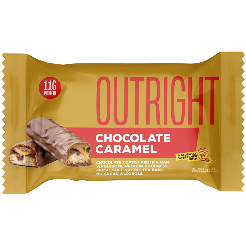 MTS Outright Bar Chocolate Caramel close-up shows wholesome ingredients and texture.