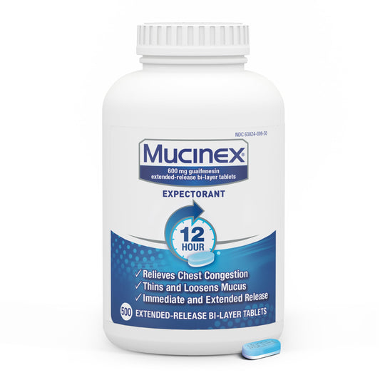 Mucinex 12 Hour tablet being poured for long-lasting mucus management.