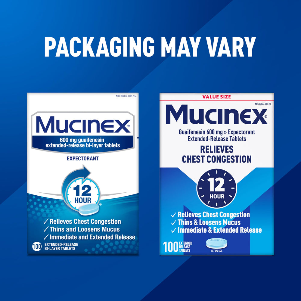 Mucinex 12 Hour dosed tablets with glass shows form factor for easy dosing.