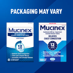 Mucinex 12 Hour dosed tablets with glass shows form factor for easy dosing.