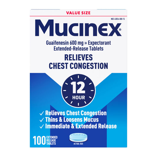 Mucinex 12 Hour relief bottle closeup showing extended-release tablets for chest congestion relief.