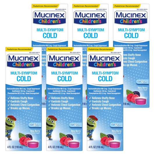 Mucinex Children’s Multi-Symptom Liquid berry bottle with dosing cup for nasal and chest relief