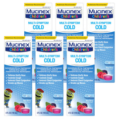 Mucinex Children’s Multi-Symptom Liquid berry bottle with dosing cup for nasal and chest relief