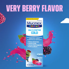 Mucinex label side view emphasizing kid-friendly, berry-flavored formula
