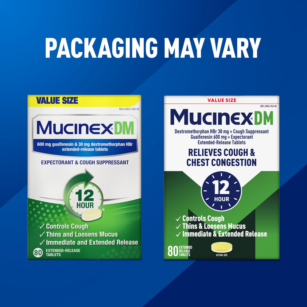 Mucinex DM 12hr bottle on nightstand suggesting bedtime relief for nighttime congestion.