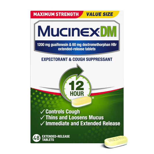 Mucinex DM 12Hr tablets in bottle for mucus relief.