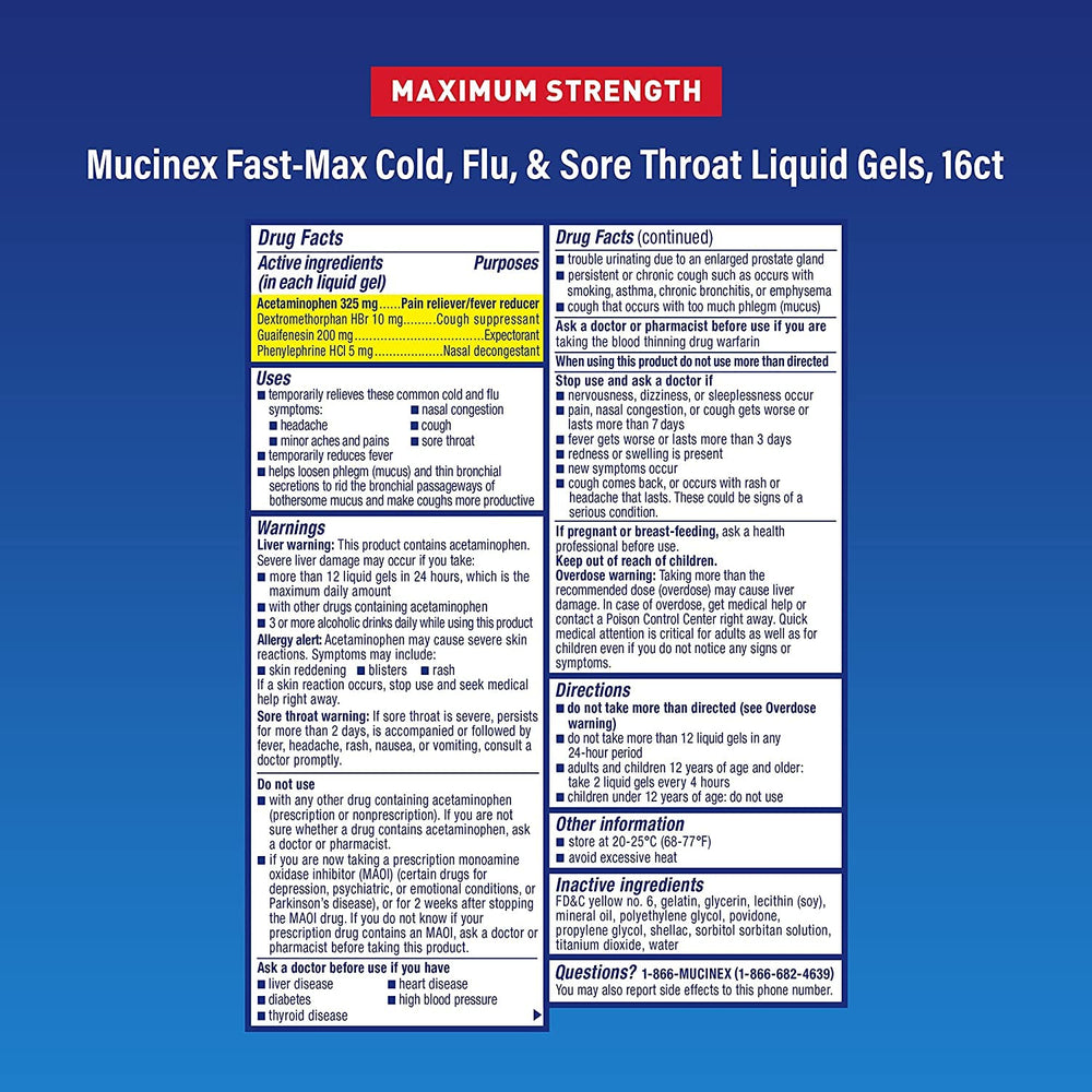 Back label on Mucinex Fast-Max bottle shows dosing and safety information