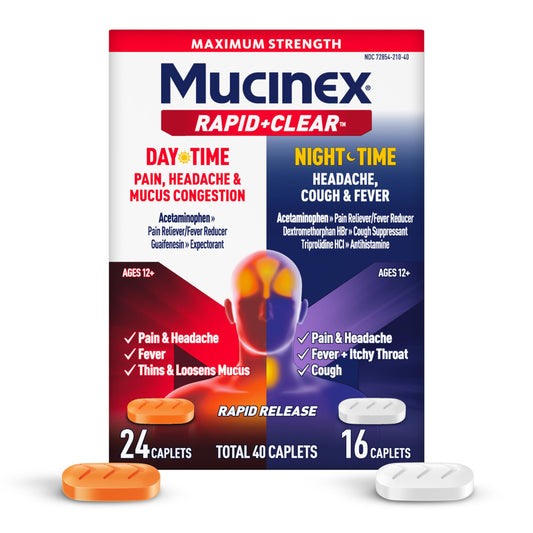 Mucinex Rapid Clear daytime caplets packaging showing fast relief for fever and body aches.