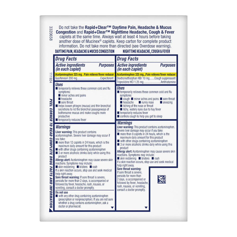 Daytime caplets showing sore throat relief and fever control.