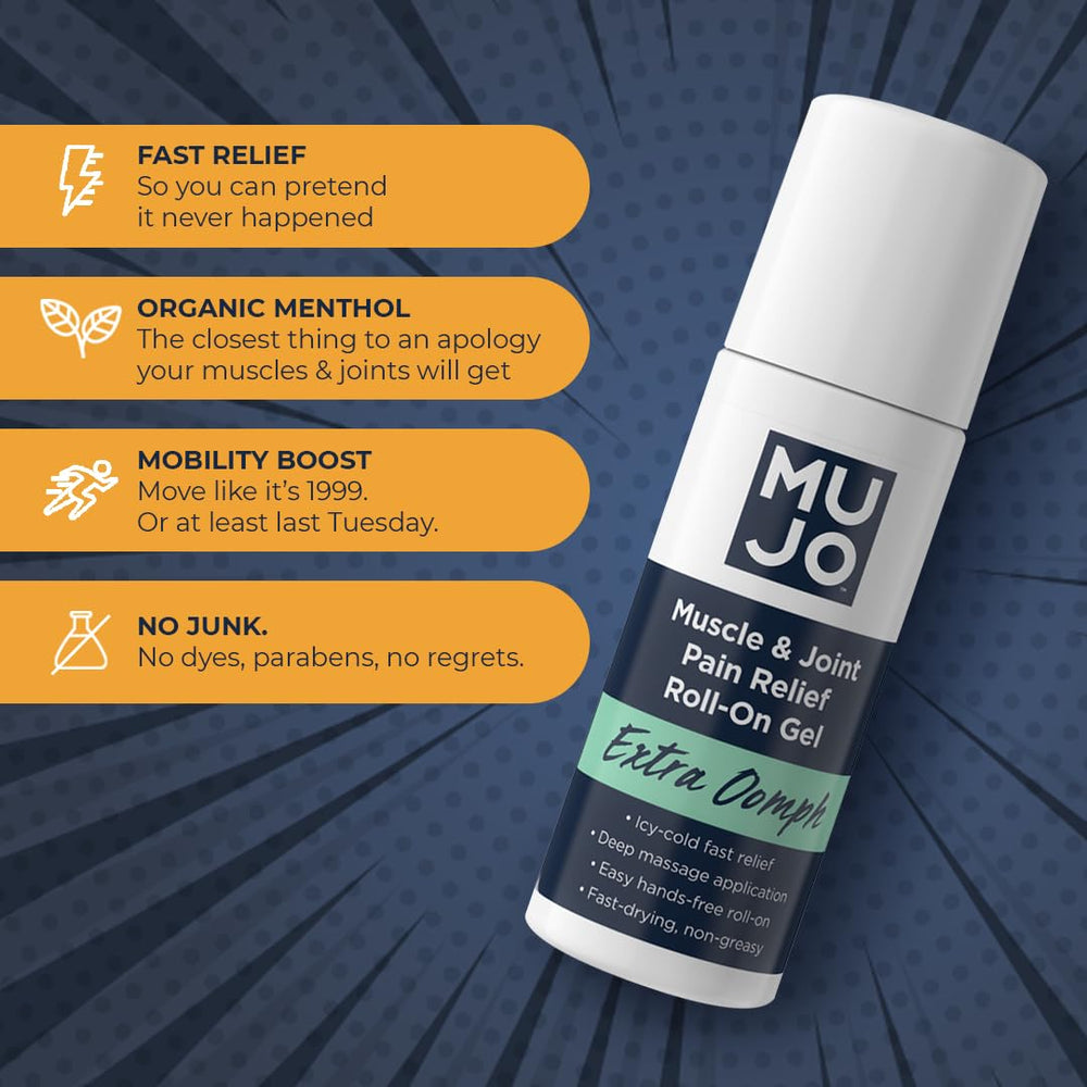 MUJO Extra Oomph roll-on applying to skin for targeted relief.