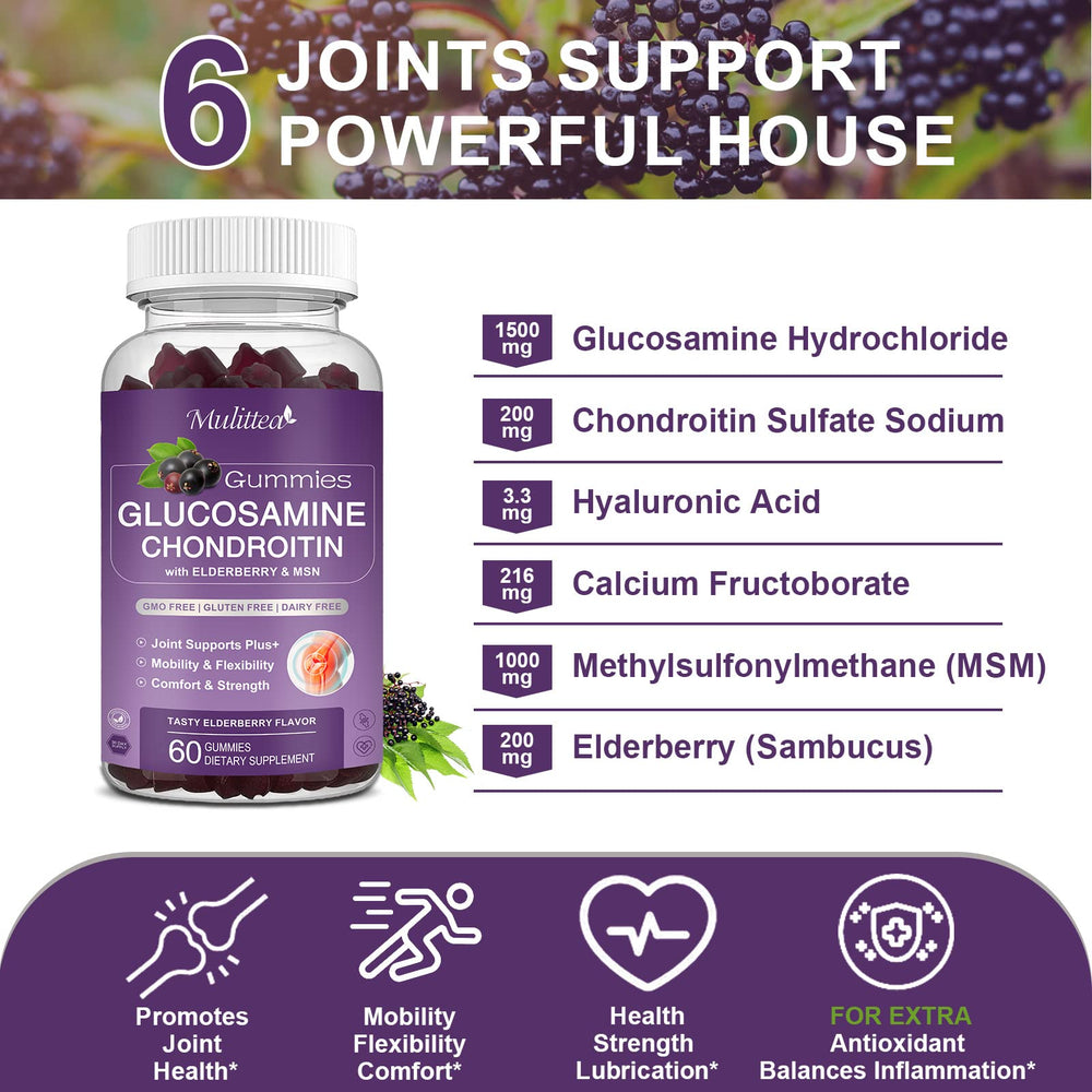 Mulittea gummies close-up emphasizes berry flavor and natural formula for joint wellness.