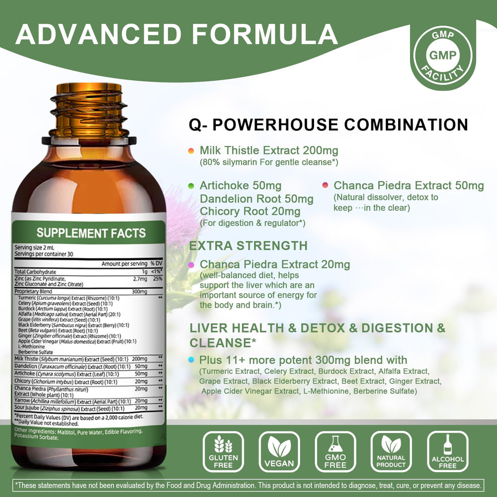 Mulittea Liver Health Drops being poured to show liquid format